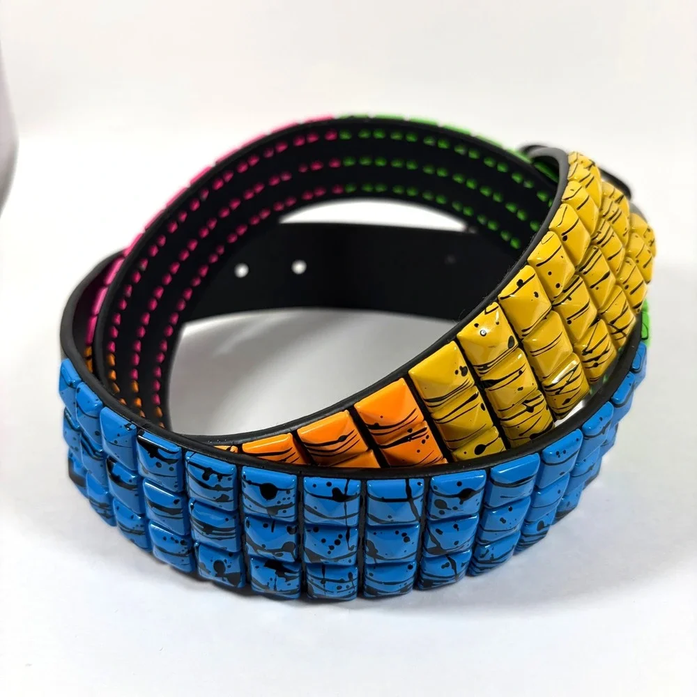 Y2K Neon Spiked Stud Belt 3 Row Splatter Punk Emo Scene Black Strap 38